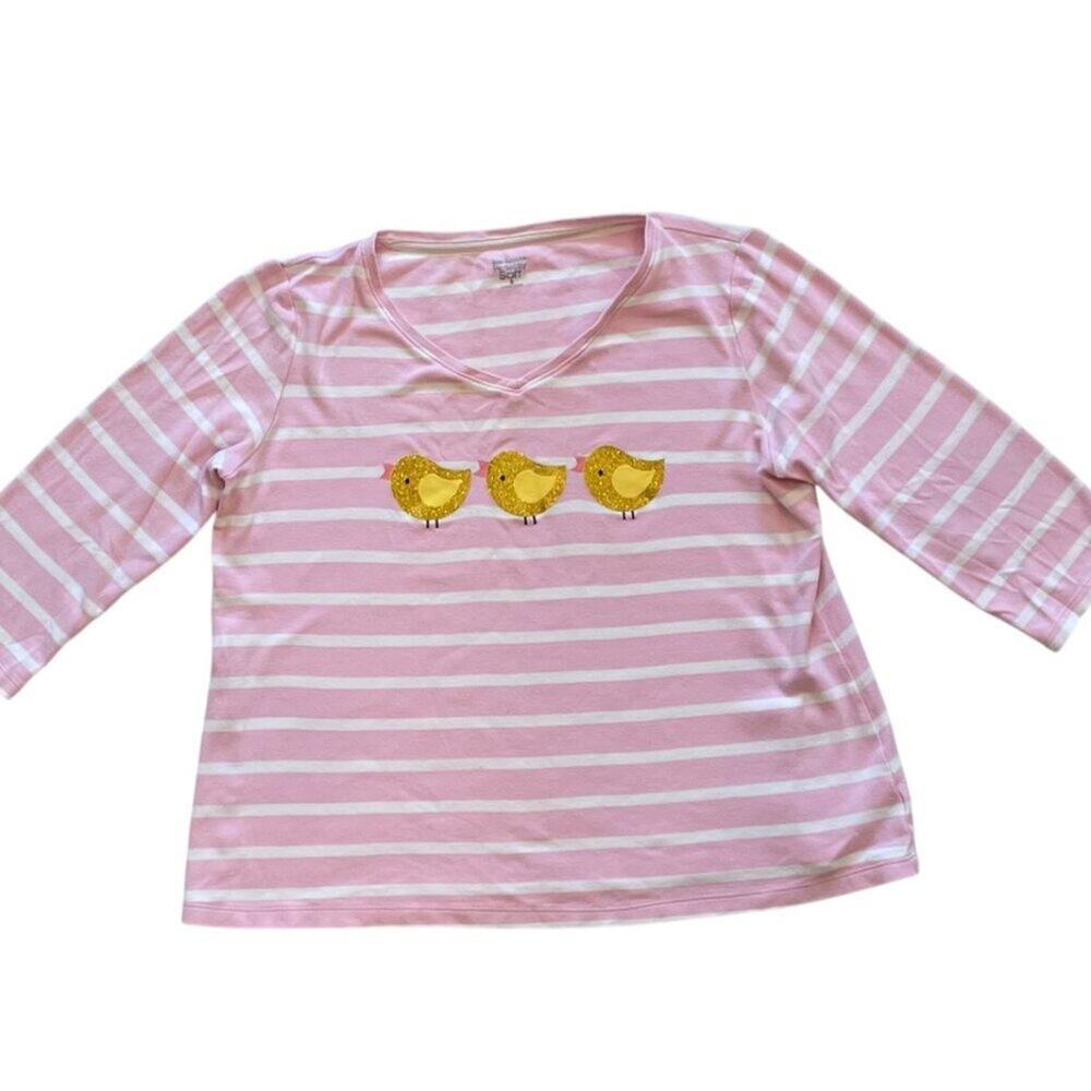 Kim Rogers Novelty T-Shirt, Pink Stripes, Yellow Glitter Chick, 3/4 Sleeve, S